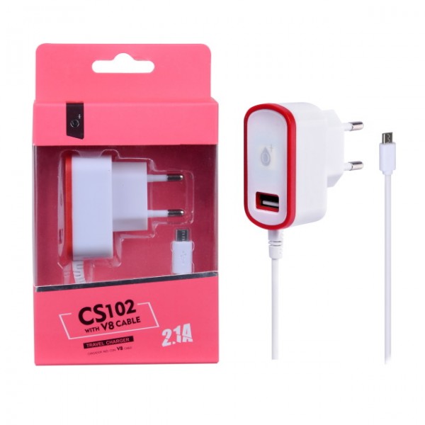 Nabíječka PLUS CS102,  kabel MicroUSB + USB výstup 5V/2,1A, red