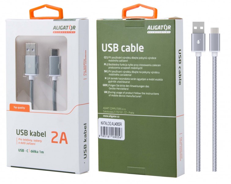 Datový kabel ALIGATOR AU406, USB-C, 2A, opletený, USB 2.0, silver