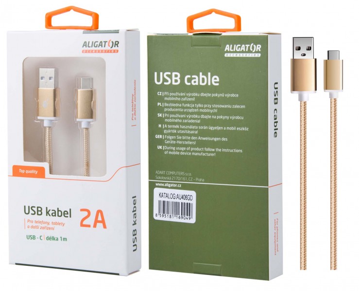 Datový kabel ALIGATOR AU406, USB-C, 2A, opletený, USB 2.0, gold