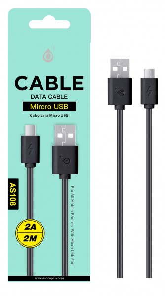 Datový a nabíjecí kabel PLUS AS108, Micro USB 2A/2M, Black