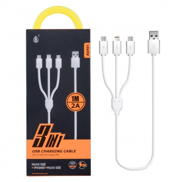 Nabíjací kábel PLUS AU401, 2x Micro USB + 1x iPhone Lightning, dĺžka 1m, 2A