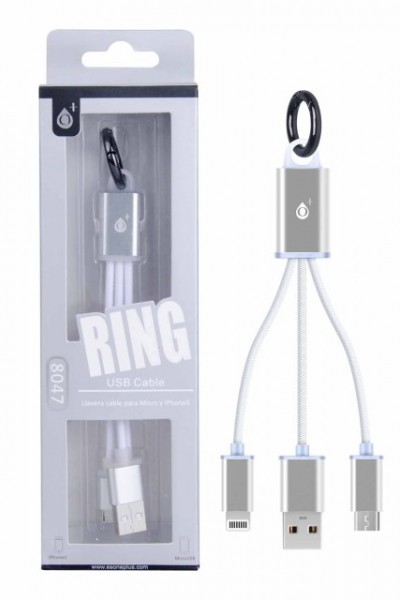 Nabíjací kábel PLUS 8047 Micro USB + iPhone Lightning, prívesok na kľúče, White