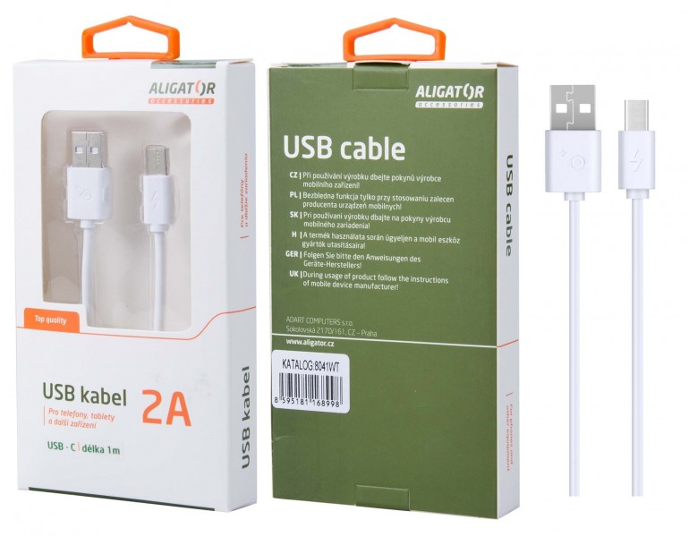 Dátový kábel, USB-C, 2A, 1m, predĺžený konektor 9mm, White