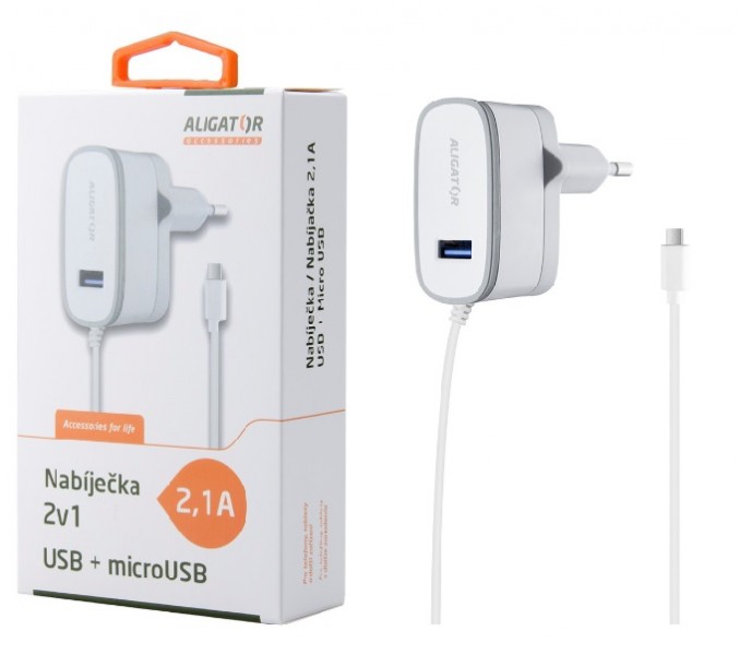 Nabíjačka ALIGATOR MicroUSB s USB výst 5V / 2,1 A, White