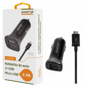 Nabíjačka do auta ALIGATOR s microUSB káblom a 2xUSB výstupom 2,4A, Turbo charge, Black