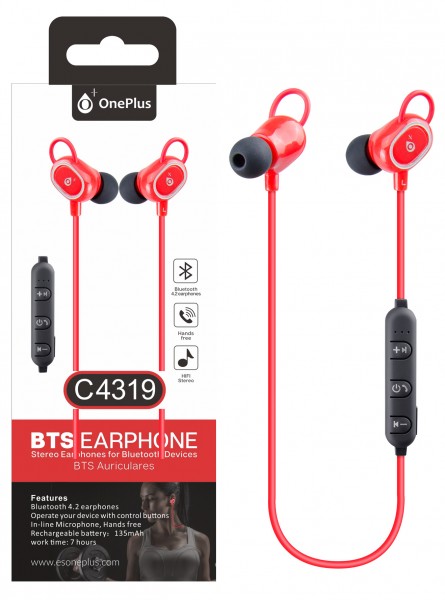 Bluetooth HF slúchadlá do uší PLUS, s mikrofónom a tlačidlom C4319 šport, Red