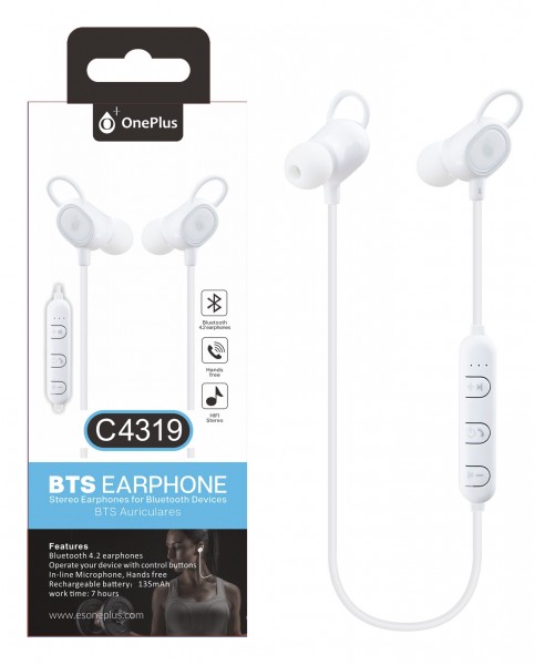 Bluetooth HF slúchadlá do uší PLUS, s mikrofónom a tlačidlom C4319 šport, White