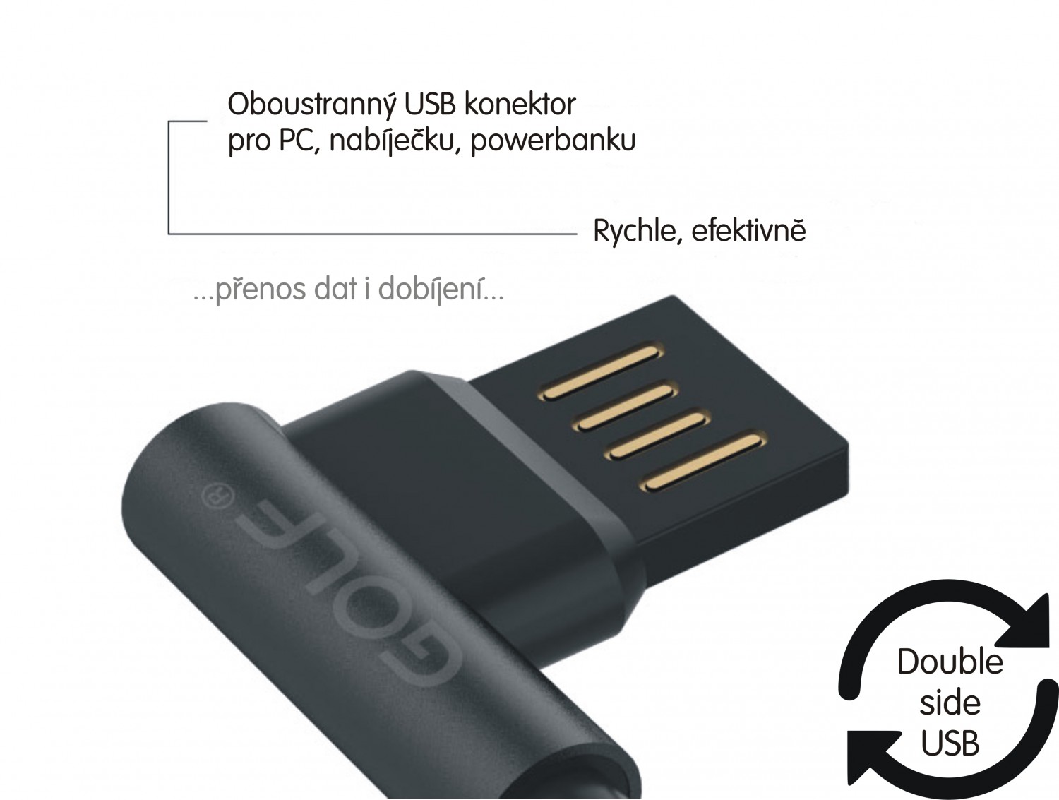Oboustranný datový kabel GOLF GC-48i, USB kabel s 90° koncovkami, lightning, black