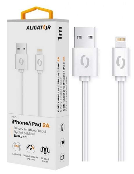 Dátový kábel ALIGATOR 2A iPhone lightning 1m, white