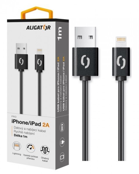 Dátový kábel ALIGATOR 2A iPhone lightning 1m, Black
