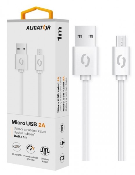 Dátový kábel ALIGATOR 2A micro USB 1m, biely