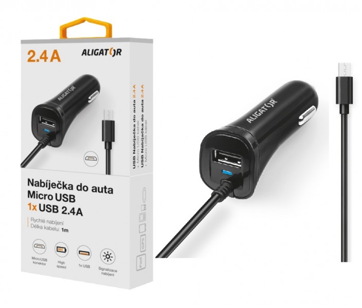 Nabíjačka do auta ALIGATOR micro USB s USB výstupom, 2.4A, Turbo charge, Black