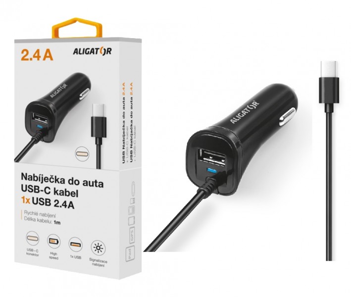Nabíjačka do auta ALIGATOR USB-C s USB výstupom, 2.4A, Turbo charge, Black