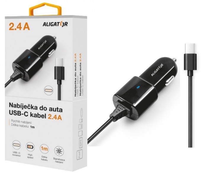 Nabíjačka do auta ALIGATOR USB-C, 2.4A, Turbo charge, Black