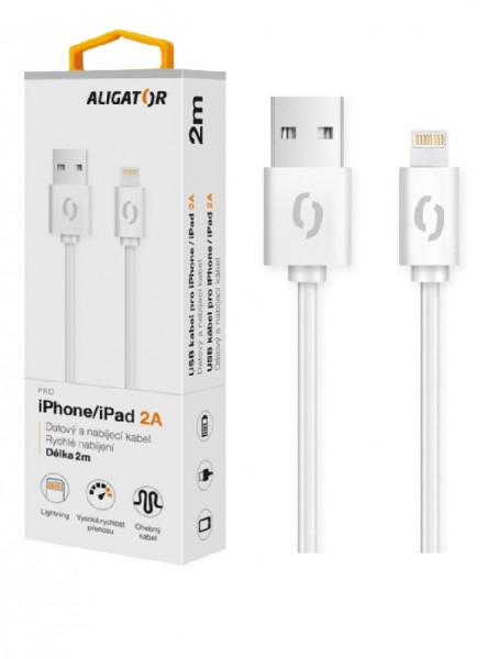 Dátový a nabíjací kábel ALIGATOR 2A pre iPhone, 2m, white