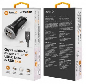 Nabíjačka do auta ALIGATOR USB-C 2xUSB výstup, 3.4a, smart IC, black