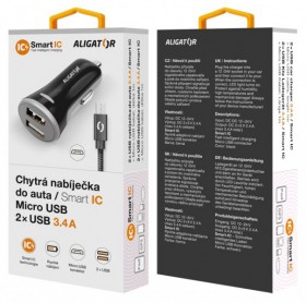 Nabíjačka do auta ALIGATOR MicroUSB 2xUSB výst. 3.4a, smart IC, Black