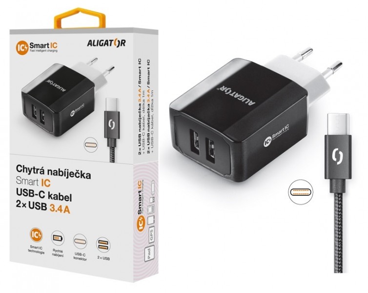 Nabíjačka ALIGATOR USB-C 2xUSB výstup, 3.4a, smart IC, black
