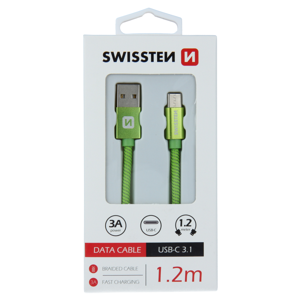 Datový kabel Swissten Textile USB/USB-C, 0,2m, zelený