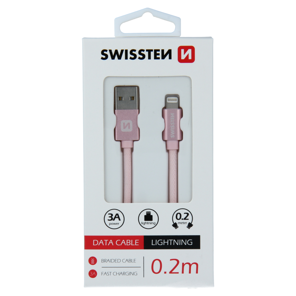 Datový kabel Swissten Textile USB/Lightning, 0,2m, růžovo/zlatý