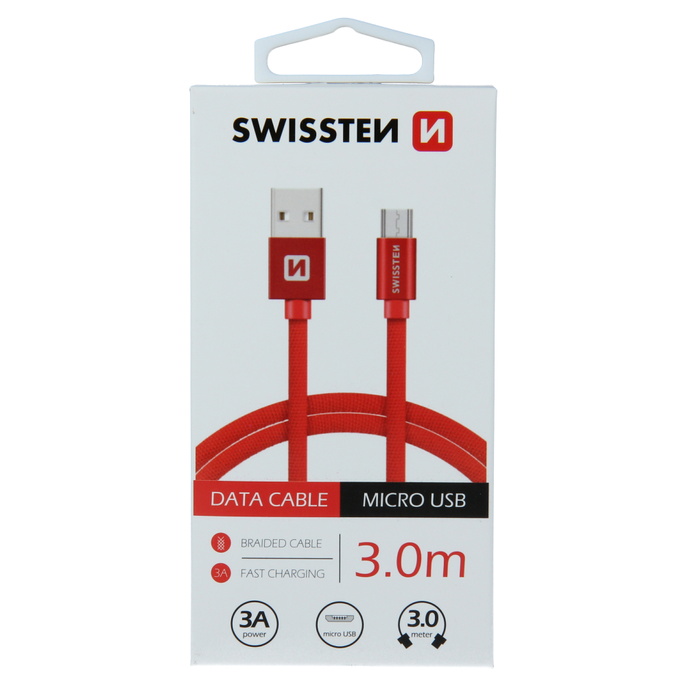 Datový kabel Swissten Textile USB/MicroUSB, 3,0m, červený