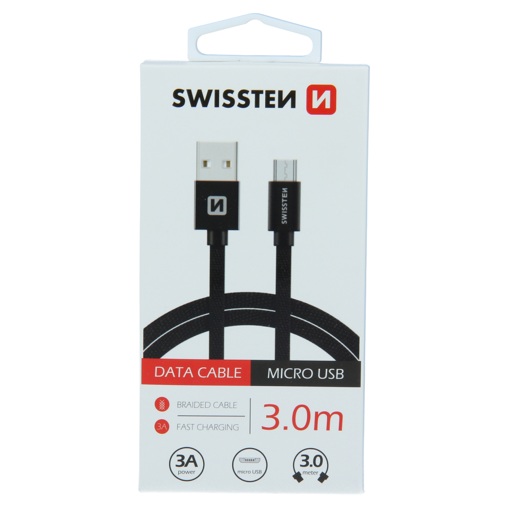 Datový kabel Swissten Textile USB/MicroUSB, 3,0m, černý