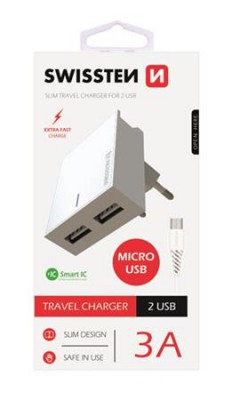 SWISSTEN SIEŤOVÝ ADAPTÉR SMART IC, CE 2x USB 3A POWER BIELY + dátový kábel SWISSTEN USB / MICRO USB 1,2m, biely