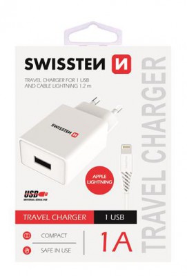 SWISSTEN SIEŤOVÝ ADAPTÉR SMART IC 1x USB 1A POWER + dátový kábel USB / LIGHTNING 1,2 M, BIELA