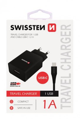 SWISSTEN SIEŤOVÝ ADAPTÉR SMART IC 1x USB 1A POWER + dátový kábel USB / TYPE C 1,2 M, ČIERNA