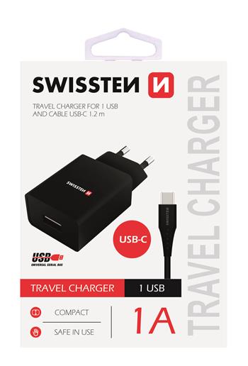 SWISSTEN SÍŤOVÝ ADAPTÉR SMART IC 1x USB 1A POWER + DATOVÝ KABEL USB / TYPE C 1,2 M, ČERNÁ