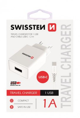 SWISSTEN SIEŤOVÝ ADAPTÉR SMART IC 1x USB 1A POWER + dátový kábel USB / TYPE C 1,2 M, BIELA