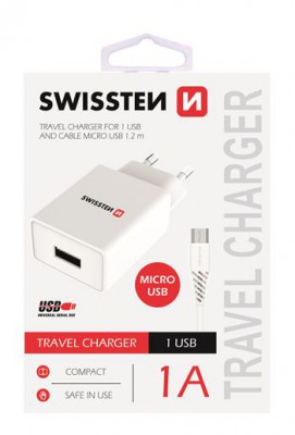 SWISSTEN SIEŤOVÝ ADAPTÉR SMART IC 1x USB 1A POWER + dátový kábel USB / MICRO USB 1,2 M, BIELA