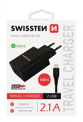 SWISSTEN SIEŤOVÝ ADAPTÉR SMART IC 2x USB 2,1 A POWER + dátový kábel USB / TYPE C 1,2 M, ČIERNA