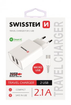SWISSTEN SIEŤOVÝ ADAPTÉR SMART IC 2x USB 2,1 A POWER + dátový kábel USB / MICRO USB 1,2 M, BIELA