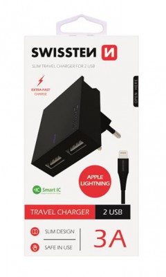 SWISSTEN SIEŤOVÝ ADAPTÉR SMART IC 2x USB 3A POWER + dátový kábel USB / LIGHTNING 1,2 M, ČIERNA