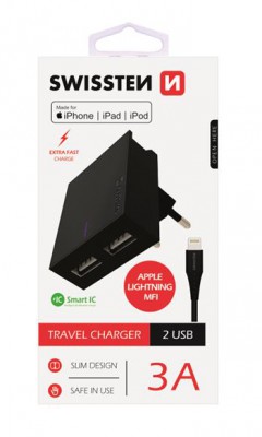 SWISSTEN SIEŤOVÝ ADAPTÉR SMART IC 2x USB 3A POWER + dátový kábel USB / LIGHTNING PFI 1,2 M, ČIERNA