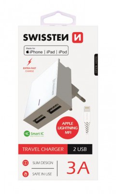 SWISSTEN SIEŤOVÝ ADAPTÉR SMART IC 2x USB 3A POWER + dátový kábel USB / LIGHTNING PFI 1,2 M, BIELA