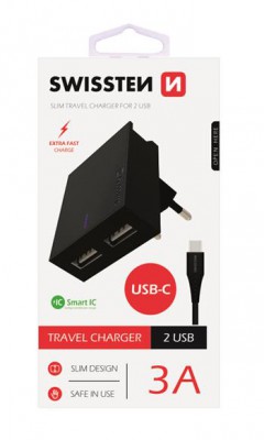 SWISSTEN SIEŤOVÝ ADAPTÉR SMART IC 2x USB 3A POWER + dátový kábel USB / TYPE C 1,2 M, ČIERNA