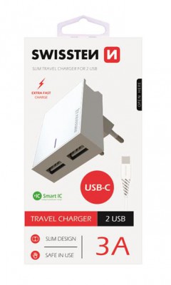 SWISSTEN SIEŤOVÝ ADAPTÉR SMART IC 2x USB 3A POWER + dátový kábel USB / TYPE C 1,2 M, BIELA
