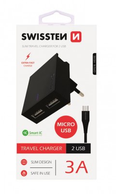 SWISSTEN SIEŤOVÝ ADAPTÉR SMART IC 2x USB 3A POWER + dátový kábel USB / MICRO USB 1,2 M, ČIERNA