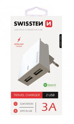 SWISSTEN SIEŤOVÝ ADAPTÉR SMART IC 2x USB 3A POWER, BIELA