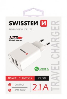 SWISSTEN SIEŤOVÝ ADAPTÉR SMART IC 2x USB 2,1 A POWER, BIELA