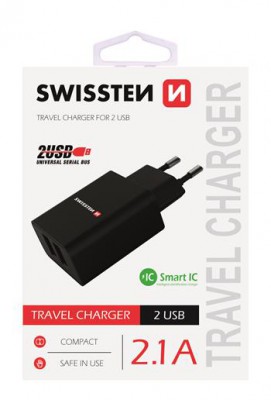 SWISSTEN SIEŤOVÝ ADAPTÉR SMART IC 2x USB 2,1 A POWER, ČIERNA