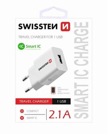 SWISSTEN TRAVEL CHARGER SMART IC WITH 1x USB 2,1A POWER, WHITE