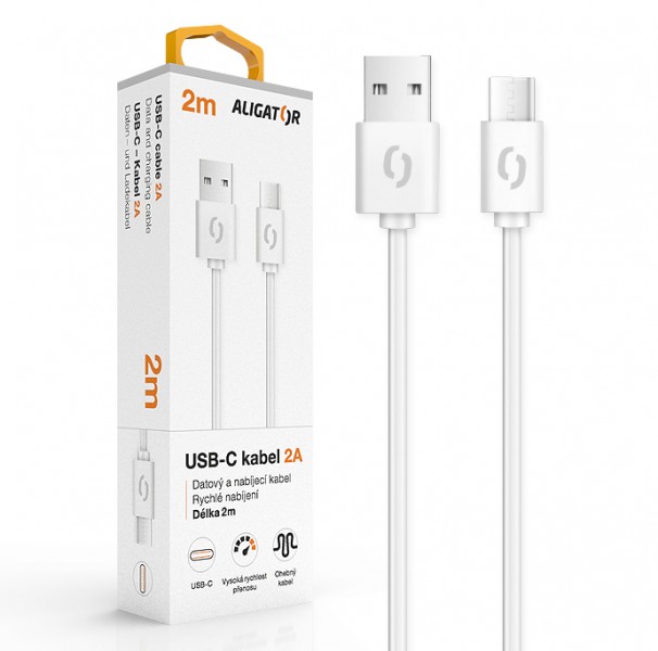 Datový kabel ALIGATOR 2A, USB-C, 2m, bílá