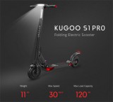 Kugoo S1 PRO elektro koloběžka, 3 režimy rychlosti, poloperforovaná kola, větší kapacita, dojezd až 30km, černá