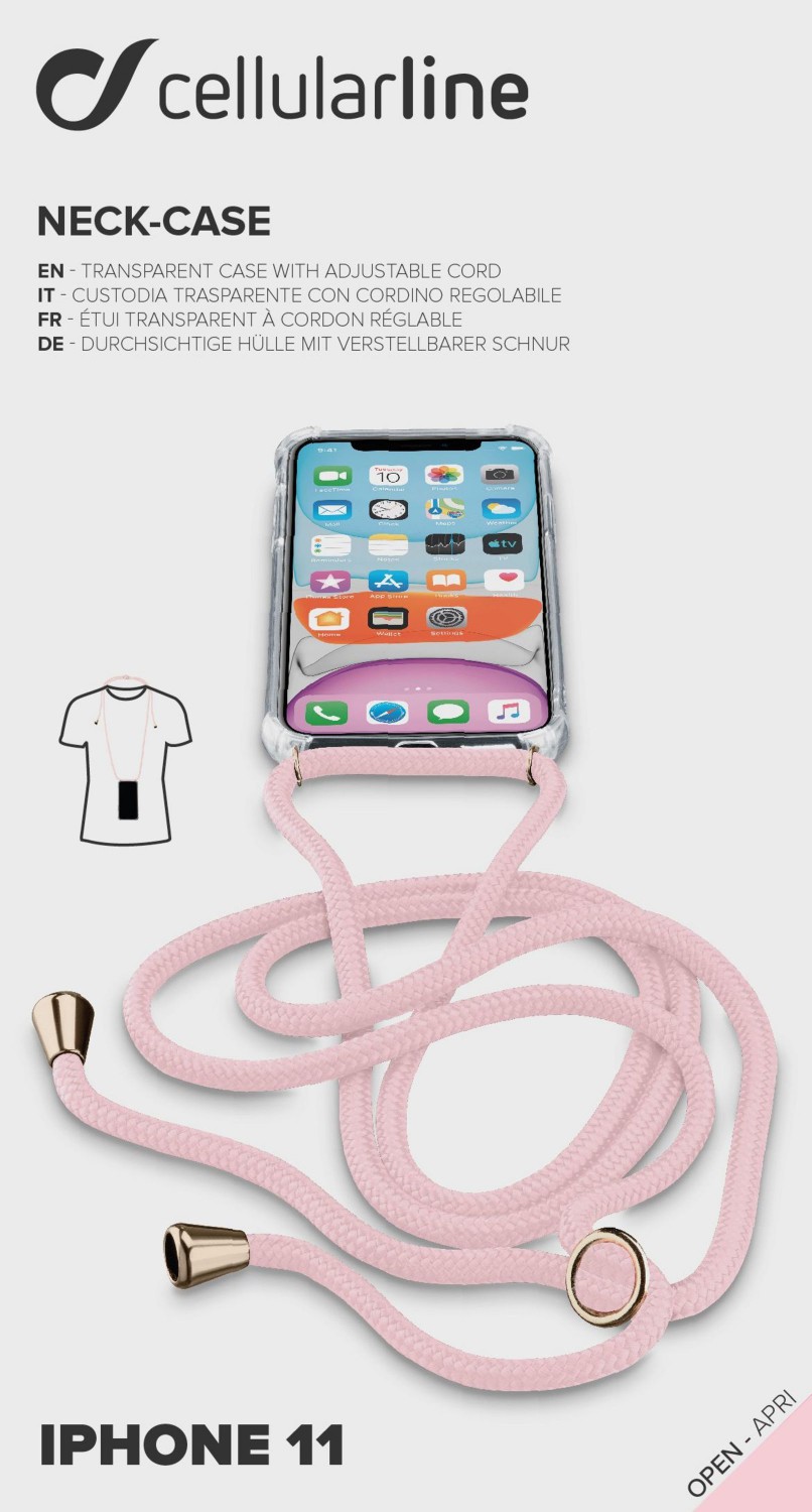 Cellularline Neck-Case zadní kryt čirý pro Apple iPhone 11, s růžovou šňůrkou 
