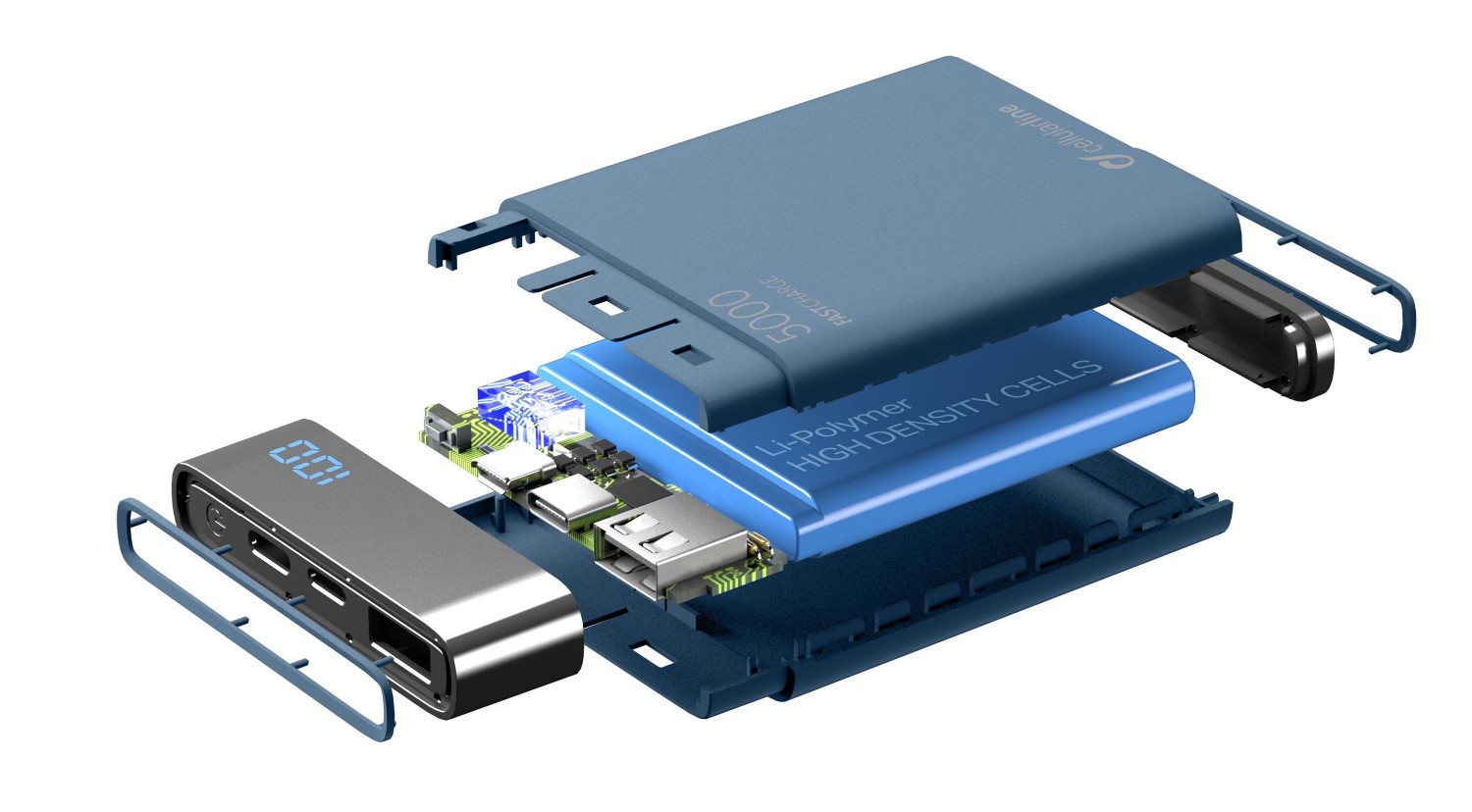 Kompaktní powerbanka Cellularline FreePower Manta HD, 5000 mAh, USB-C + USB port, rychlé nabíjení, modrá