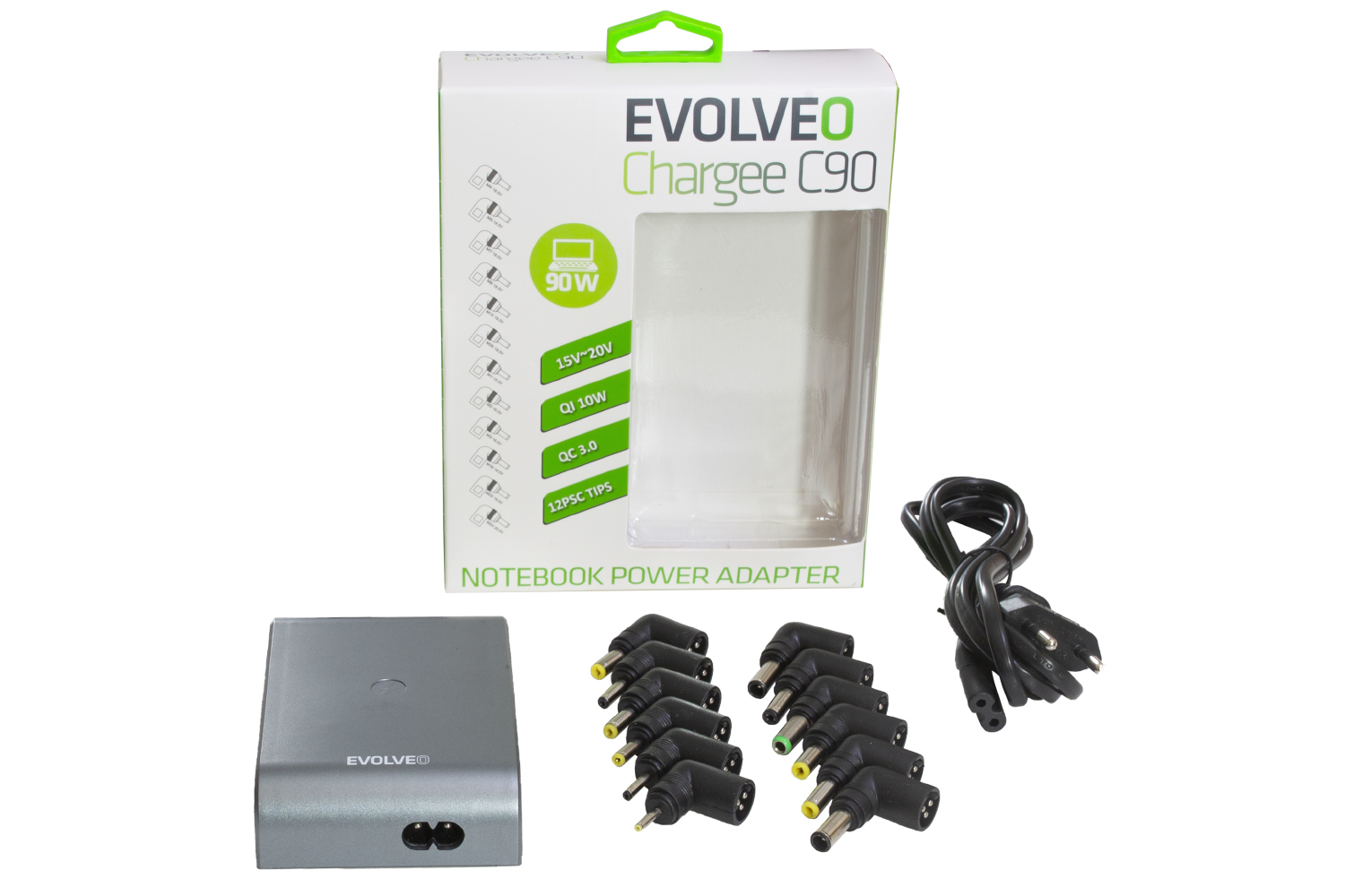 Univerzální napájecí zdroj pro notebooky Evolveo Chargee C90 s beztrátovým nabíjením, 90W 