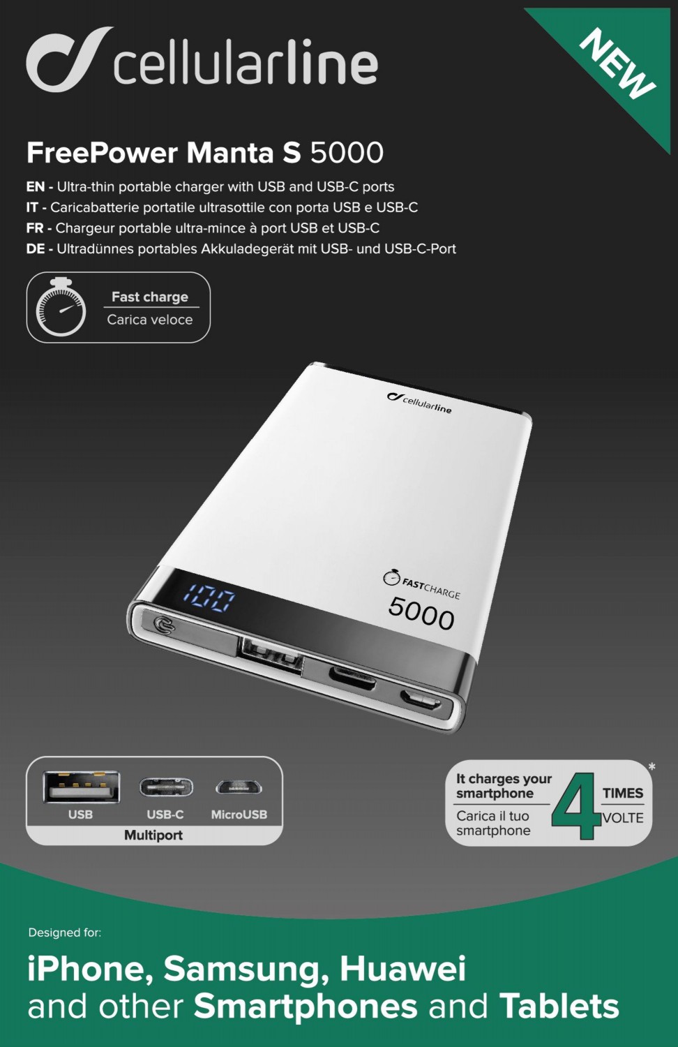 Prémiová powerbanka CellularLine FREEPOWER MANTA S, 5000mAh, USB-C + USB port, bílá